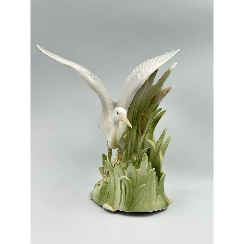 Vintage Fitz & Floyd Egret Heron Candleholder 1986 Porcelain Reeds & Cattails